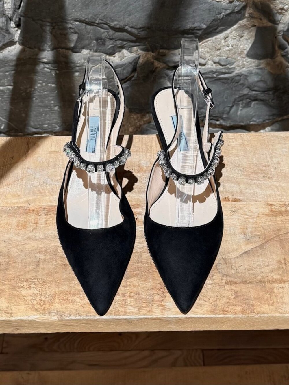 Prada Black Suede Crystal Embellished Slingback Pumps - Picture 3 of 11